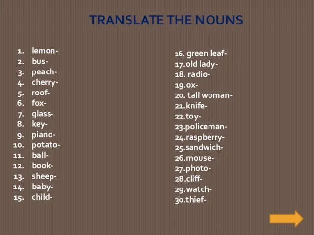 TRANSLATE THE NOUNS lemon- bus- peach- cherry- roof- fox- glass- key- piano-