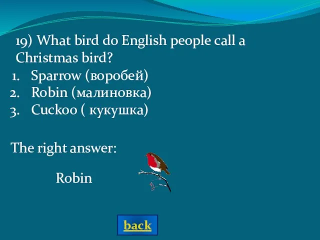 The right answer: 19) What bird do English people call a Christmas