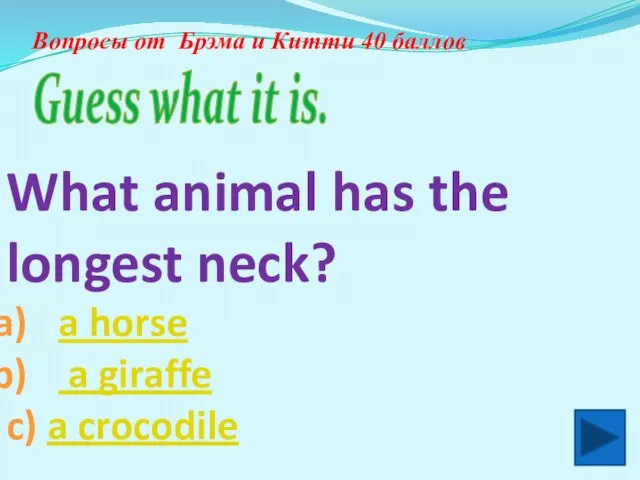 Вопросы от Брэма и Китти 40 баллов What animal has the longest