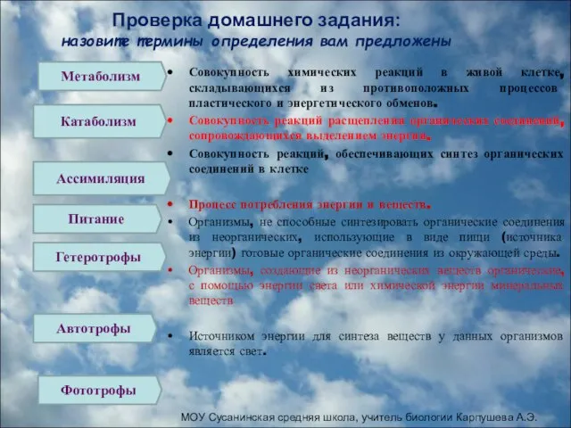 Проверка домашнего задания: назовите термины определения вам предложены Совокупность химических реакций в