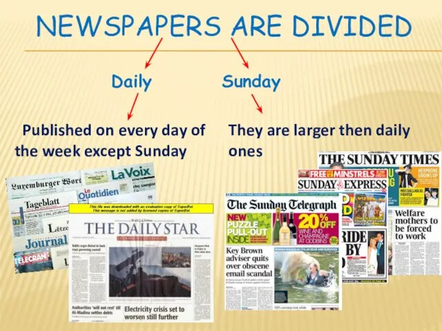 Newspapers are divided Daily Sunday Published on every day of the week