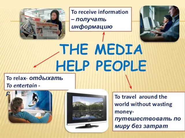 The media help people To relax- отдыхать To entertain -развлекать To receive