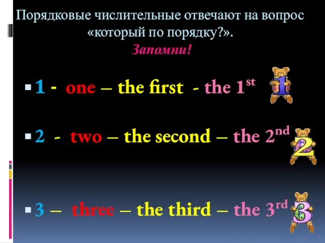 Порядковые числительные отвечают на вопрос «который по порядку?». Запомни! 1 - one