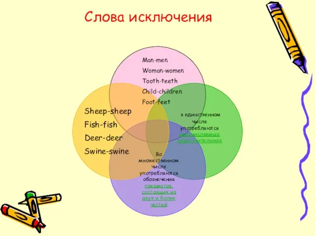 Слова исключения Man-men Woman-women Tooth-teeth Child-children Foot-feet Sheep-sheep Fish-fish Deer-deer Swine-swine в