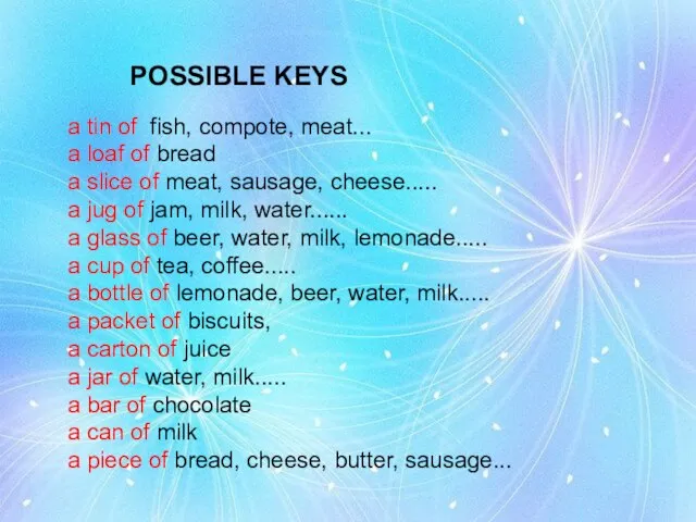 POSSIBLE KEYS a tin of fish, compote, meat... a loaf of bread