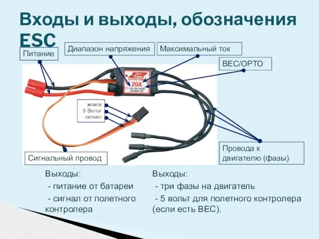 Выходы: - питание от батареи - сигнал от полетного контролера Входы и