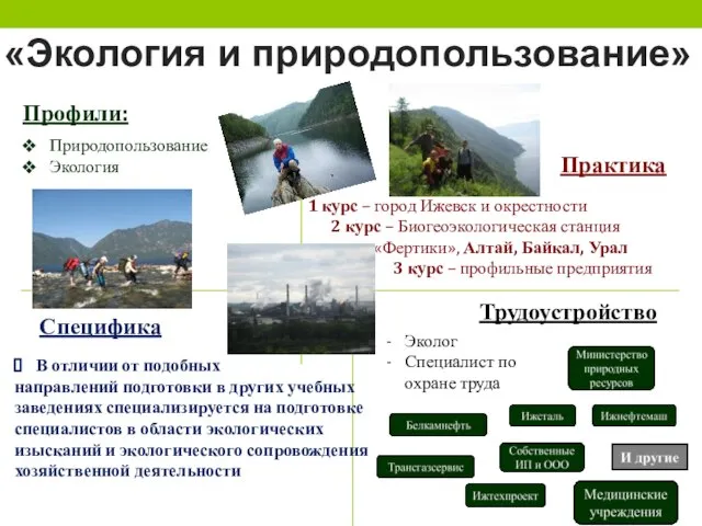 «Экология и природопользование» Профили: Практика Специфика Природопользование Экология 1 курс – город