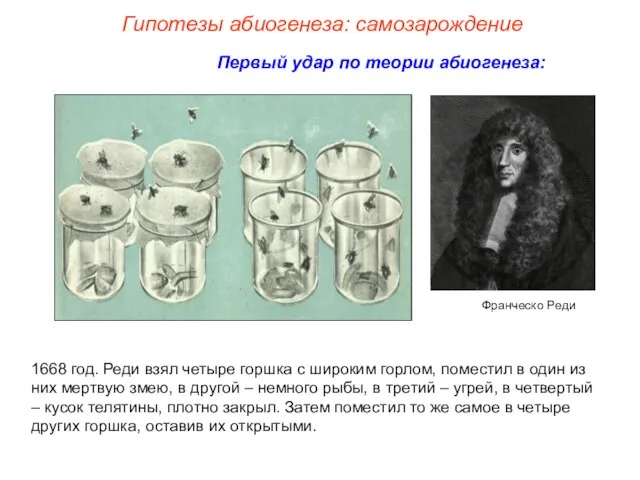 Первый удар по теории абиогенеза: Франческо Реди 1668 год. Реди взял четыре