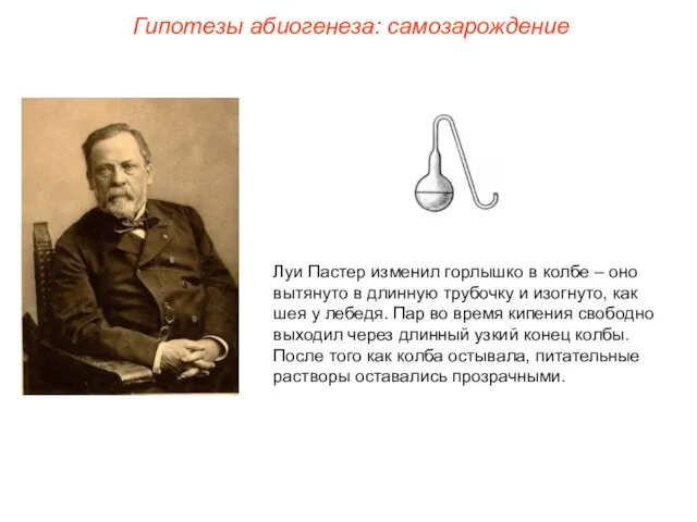 Луи Пастер изменил горлышко в колбе – оно вытянуто в длинную трубочку
