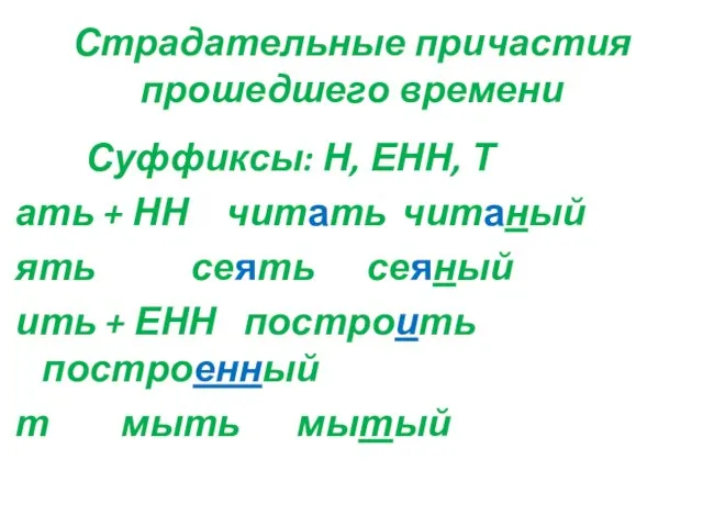 Страдательные причастия прошедшего времени Суффиксы: Н, ЕНН, Т ать + НН читать