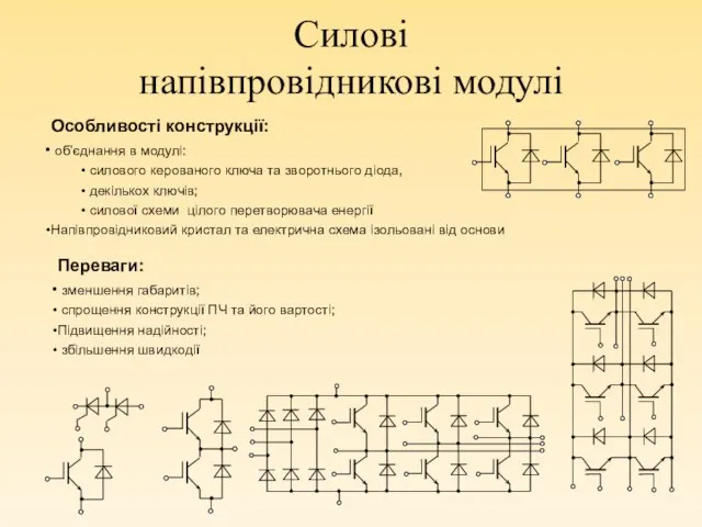 Силові напівпровідникові модулі Переваги: зменшення габаритів; спрощення конструкції ПЧ та його вартості;