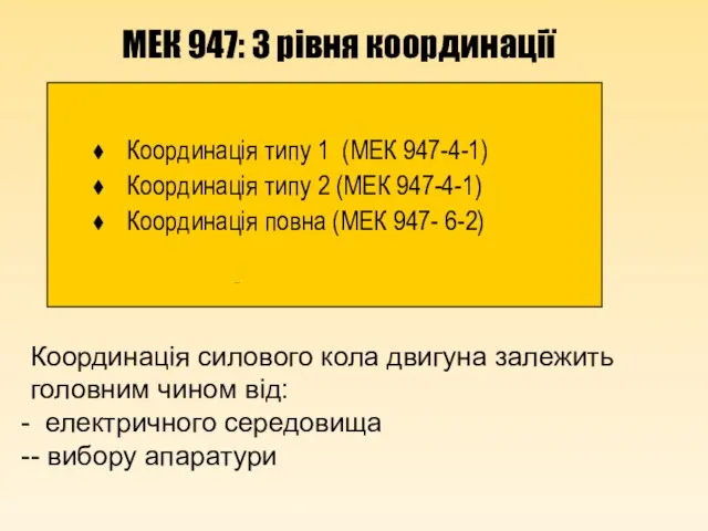 МЕК 947: 3 рівня координації Координація типу 1 (МЕК 947-4-1) Координація типу