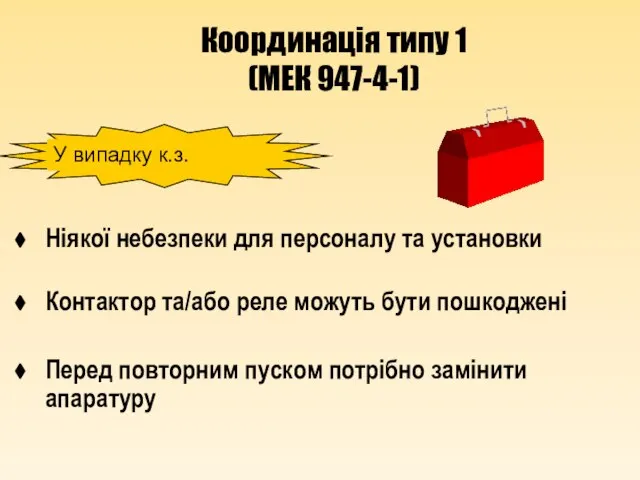 Координація типу 1 (МЕК 947-4-1) Ніякої небезпеки для персоналу та установки Контактор