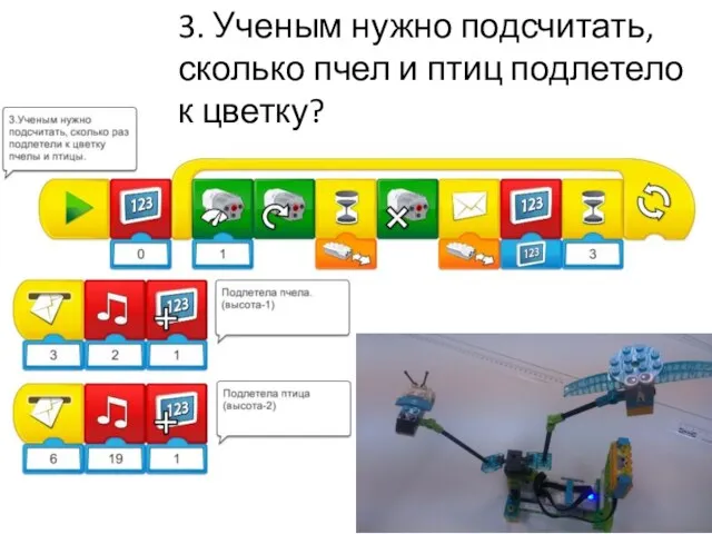 3. Ученым нужно подсчитать, сколько пчел и птиц подлетело к цветку?