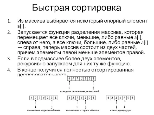 Быстрая сортировка Из массива выбирается некоторый опорный элемент a[i]. Запускается функция разделения