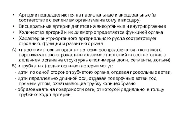 Артерии подразделяются на париетальные и висцеральные (в соответствие с делением организма на