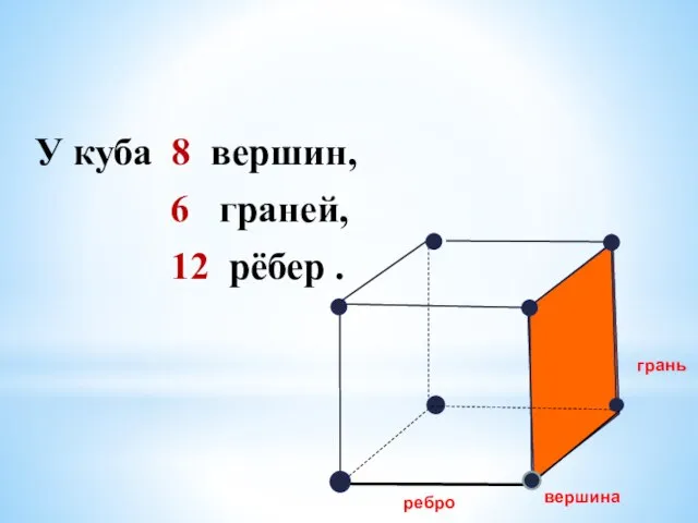 У куба 8 вершин, 6 граней, 12 рёбер . грань вершина ребро