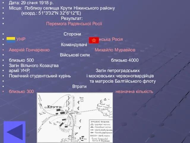 Дата: 29 січня 1918 р. Місце: Поблизу селища Крути Ніжинського району (коорд.: