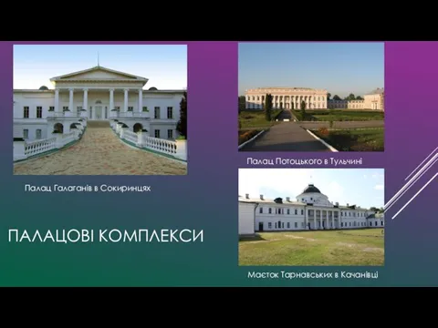 ПАЛАЦОВІ КОМПЛЕКСИ Палац Галаганів в Сокиринцях Палац Потоцького в Тульчині Маєток Тарнавських в Качанівці