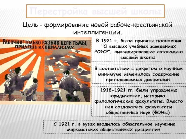 Цель - формирование новой рабоче-крестьянской интеллигенции. В 1921 г. были приняты положения