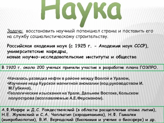 Задача: восстановить научный потенциал страны и поставить его на службу социалистическому строительству.