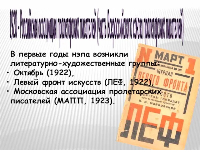 1920 - Российская ассоциация пролетарских писателей (часть Всероссийского союза пролетарских писателей) В