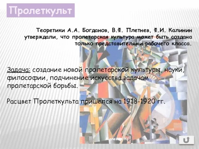 Пролеткульт Теоретики А.А. Богданов, В.Ф. Плетнев, Ф.И. Калинин утверждали, что пролетарская культура