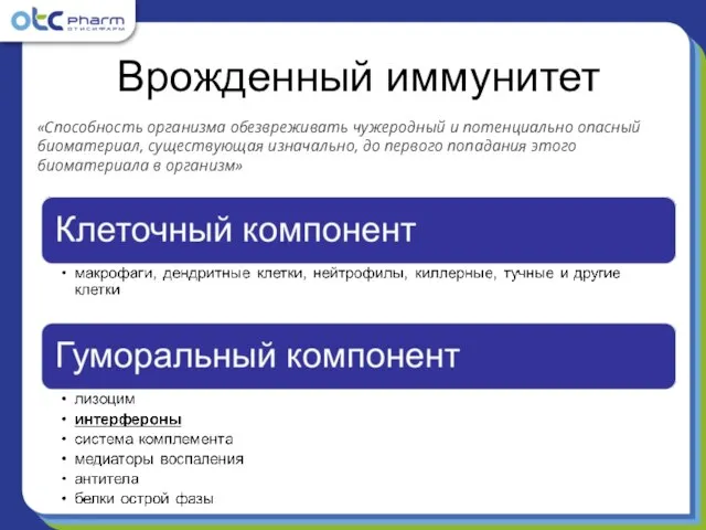 Врожденный иммунитет «Способность организма обезвреживать чужеродный и потенциально опасный биоматериал, существующая изначально,