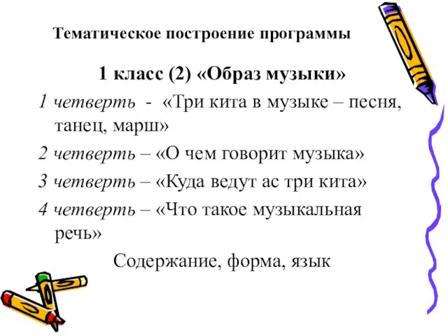 Тематическое построение программы 1 класс (2) «Образ музыки» 1 четверть - «Три