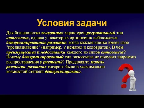 Условия задачи Для большинства животных характерен регулятивный тип онтогенеза, однако у некоторых