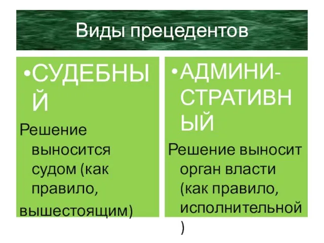 Виды прецедентов СУДЕБНЫЙ Решение выносится судом (как правило, вышестоящим) АДМИНИ-СТРАТИВНЫЙ Решение выносит