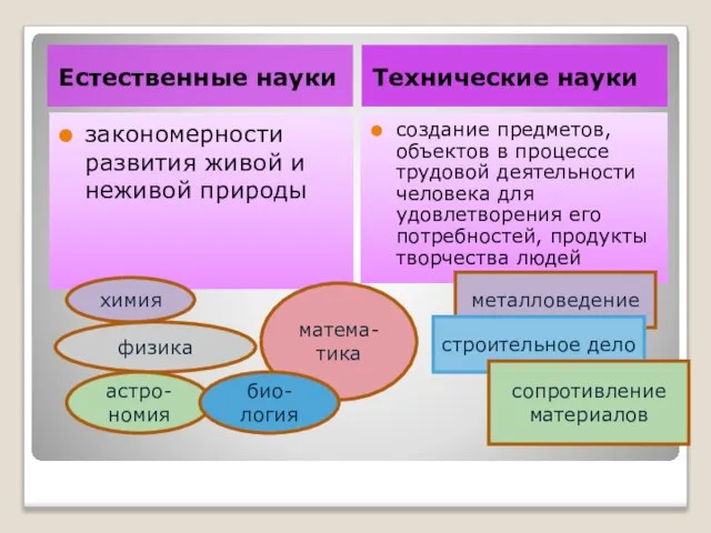 Естественные науки Технические науки закономерности развития живой и неживой природы создание предметов,