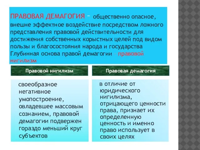 ПРАВОВАЯ ДЕМАГОГИЯ – общественно опасное, внешне эффектное воздействие посредством ложного представления правовой