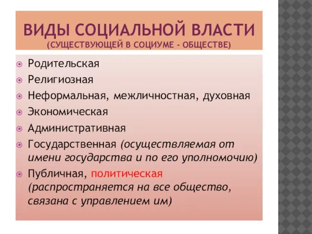 ВИДЫ СОЦИАЛЬНОЙ ВЛАСТИ (СУЩЕСТВУЮЩЕЙ В СОЦИУМЕ - ОБЩЕСТВЕ) Родительская Религиозная Неформальная, межличностная,