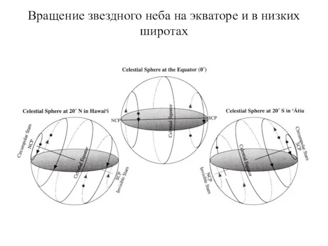 Вращение звездного неба на экваторе и в низких широтах