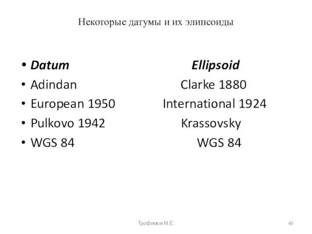 Некоторые датумы и их элипсоиды Datum Ellipsoid Adindan Clarke 1880 European 1950