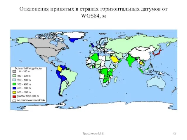 Отклонения принятых в странах горизонтальных датумов от WGS84, м Трофимов М.Е.