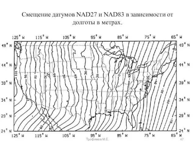 Смещение датумов NAD27 и NAD83 в зависимости от долготы в метрах. Трофимов М.Е.