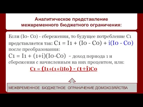 Аналитическое представление межвременного бюджетного ограничения: Если (I0- C0) - сбережения, то будущее