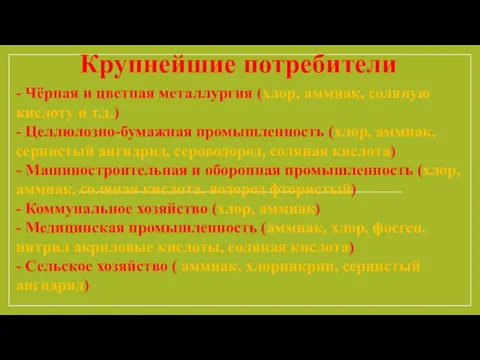 Крупнейшие потребители - Чёрная и цветная металлургия (хлор, аммиак, соляную кислоту и