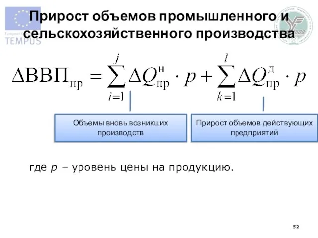 Прирост объемов промышленного и сельскохозяйственного производства Объемы вновь возникших производств Прирост объемов