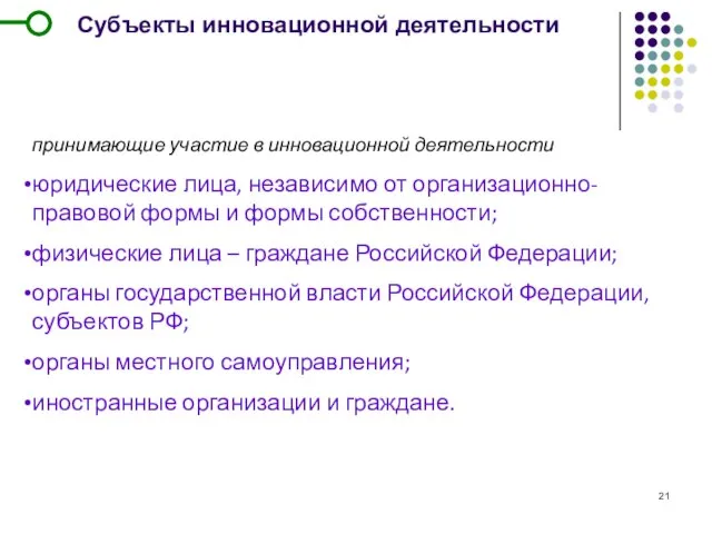 Субъекты инновационной деятельности принимающие участие в инновационной деятельности юридические лица, независимо от