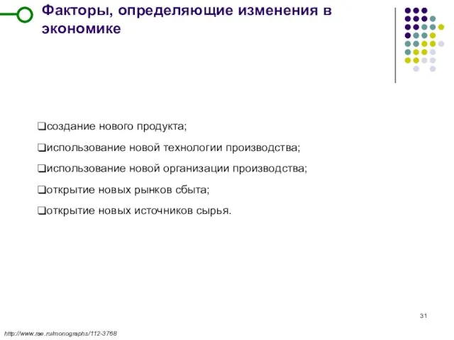 Факторы, определяющие изменения в экономике http://www.rae.ru/monographs/112-3768 создание нового продукта; использование новой технологии