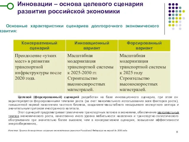 Инновации – основа целевого сценария развития российской экономики Основные характеристики сценариев долгосрочного