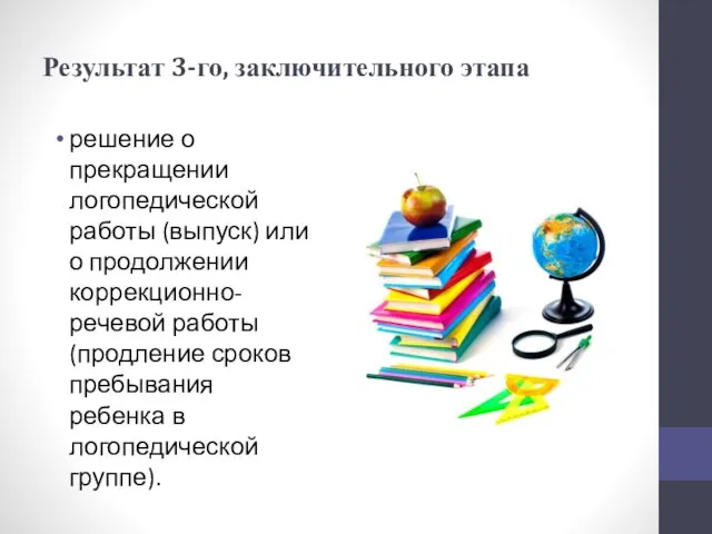 Результат 3-го, заключительного этапа решение о прекращении логопедической работы (выпуск) или о