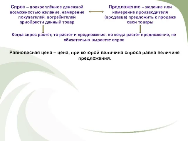 Спрос – подкреплённое денежной возможностью желание, намерение покупателей, потребителей приобрести данный товар