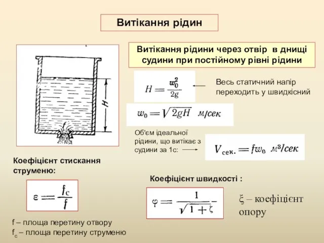 Витікання рідин Витікання рідини через отвір в днищі судини при постійному рівні