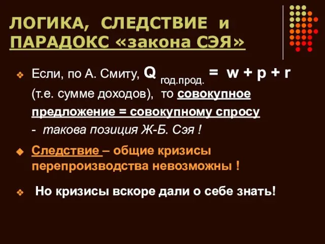 ЛОГИКА, СЛЕДСТВИЕ и ПАРАДОКС «закона СЭЯ» Если, по А. Смиту, Q год.прод.