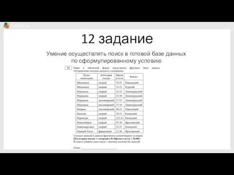 12 задание Умение осуществлять поиск в готовой базе данных по сформулированному условию