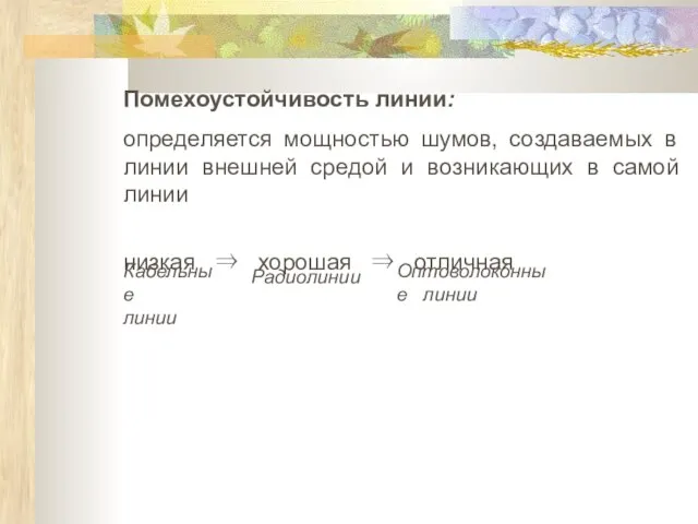 Помехоустойчивость линии: определяется мощностью шумов, создаваемых в линии внешней средой и возникающих